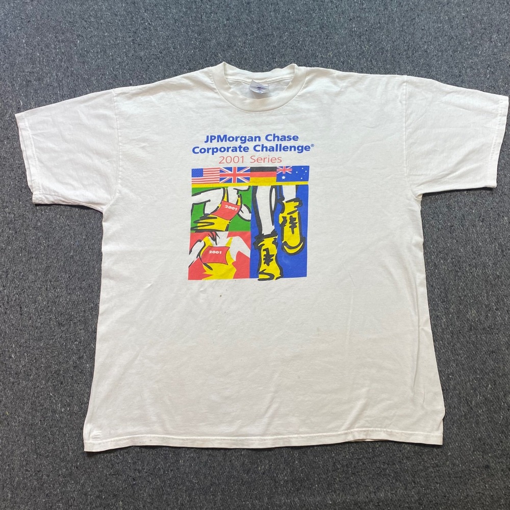 Jerzees JPMorgan Chase Corporate Challenge Sz XL Mens White Y2K 2001 Shirt Sport